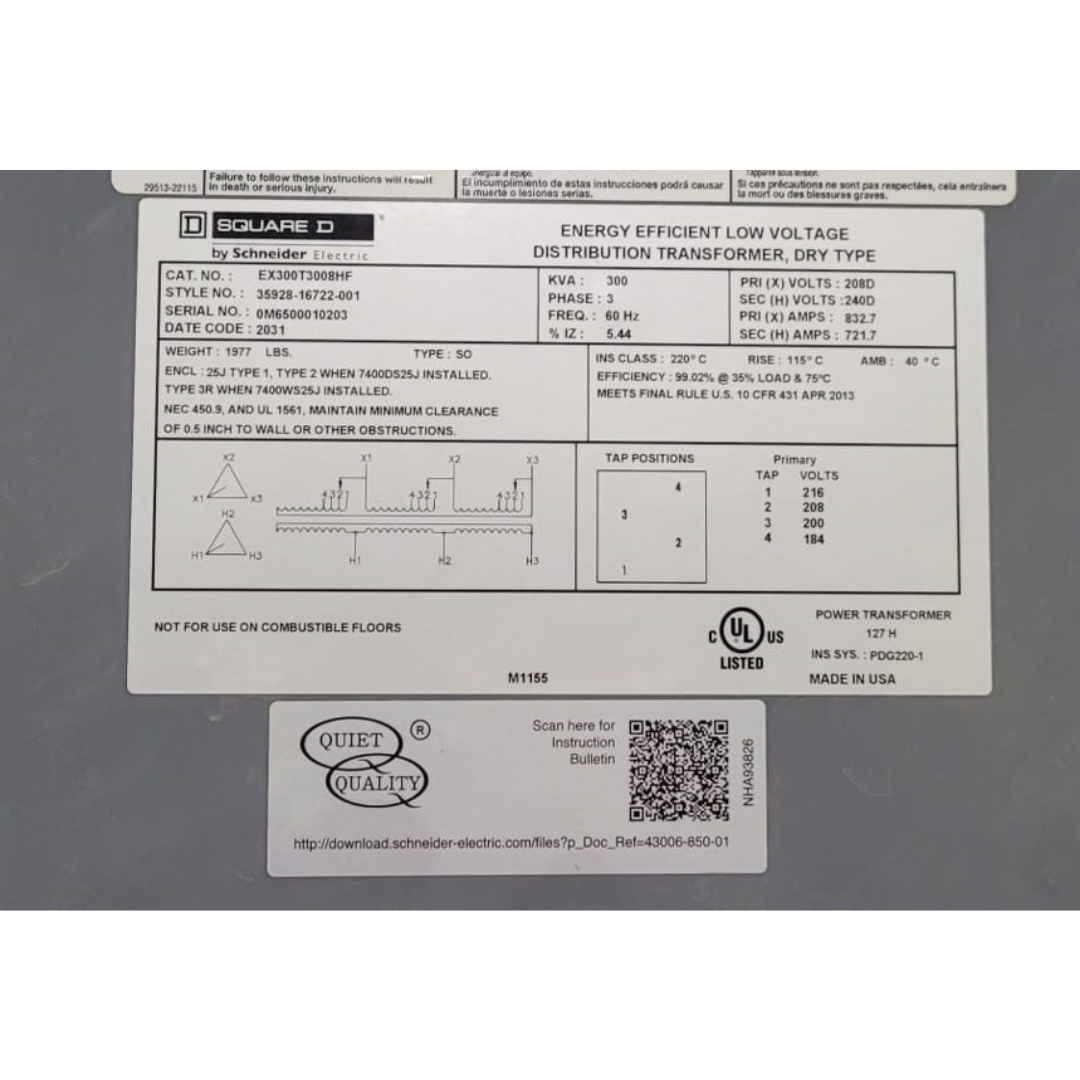 Square D Low Voltage Distribution Transformer (300 kVA) (Used)