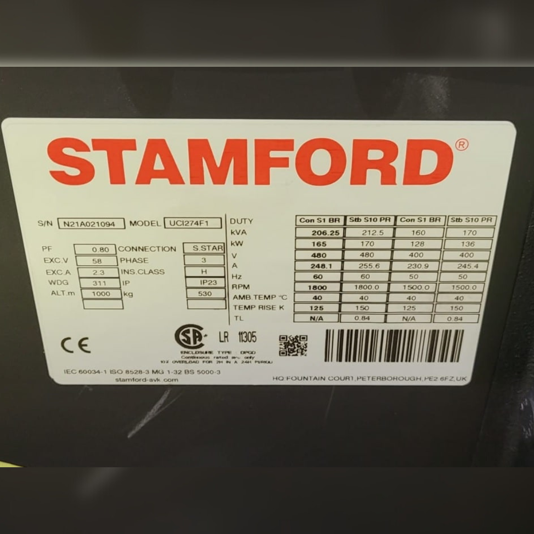 165 kW Stamford Alternator sticker