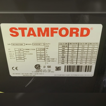 165 kW Stamford Alternator sticker