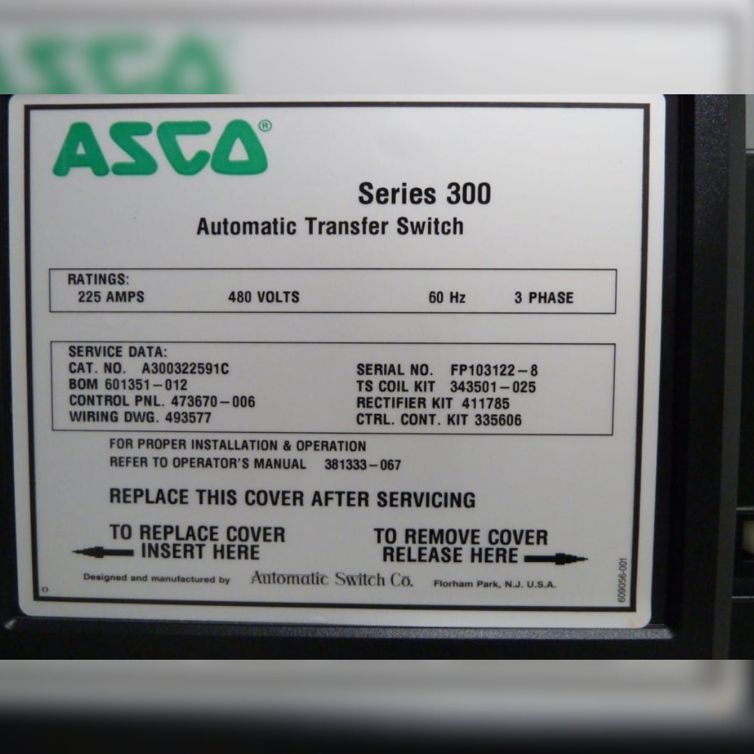 225 Amp ASCO 300 Automatic Transfer Switch sticker