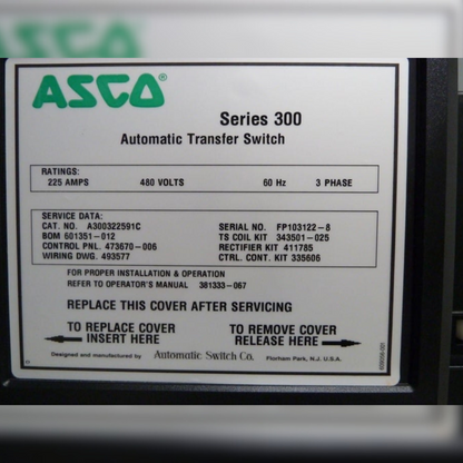 225 Amp ASCO 300 Automatic Transfer Switch sticker