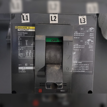 400 Amp Square D DGP36400E20 PowerPact Breaker switch and details