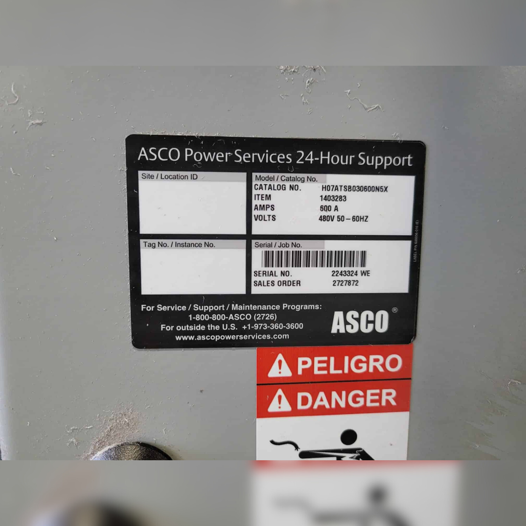 600 Amp ASCO H07ATSB030600NSX Automatic Transfer Switch 24 hour support sticker