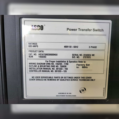 600 Amp ASCO H07ATSB030600NSX Automatic Transfer Switch sticker