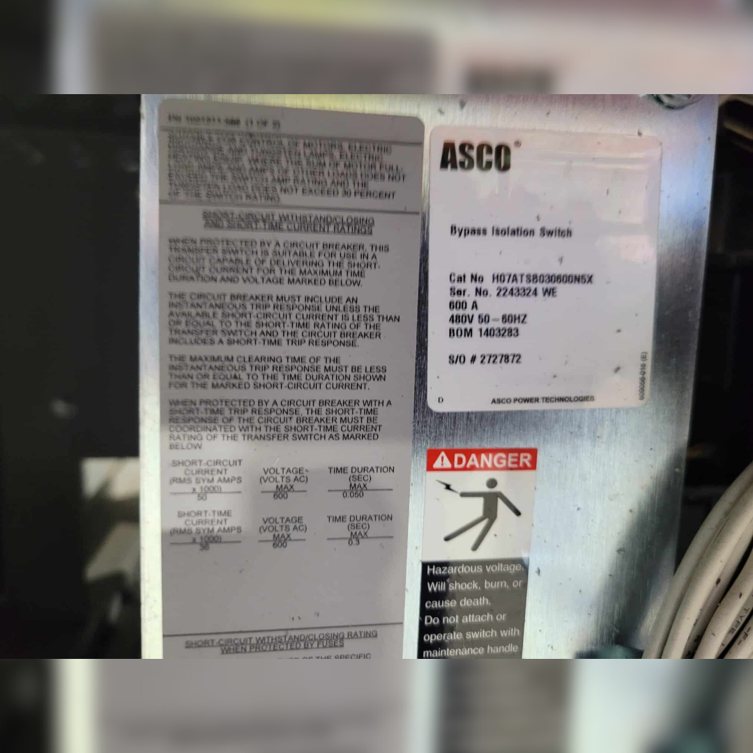 600 Amp ASCO H07ATSB030600NSX Automatic Transfer Switch stickers