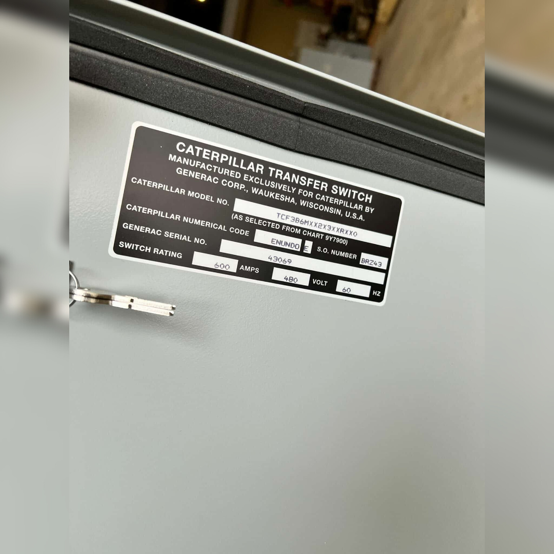 600 Amp CAT TCF3B6MXX2X3XXRXX0 Automatic Transfer Switch sticker