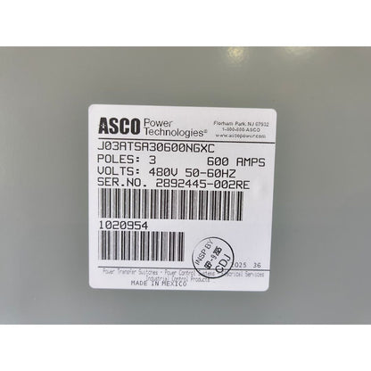 ASCO Series 300 J03ATSA30600NGXC Automatic Transfer Switch (600a) (new)