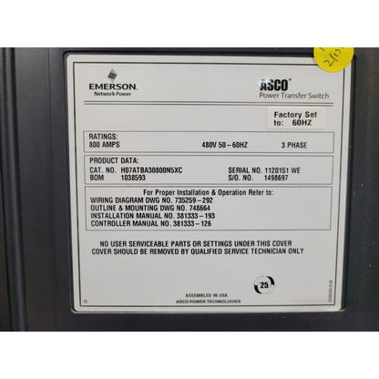 ASCO H0715BA30800NSXC Automatic Transfer Switch (800A) (Used)
