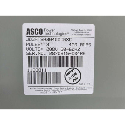 ASCO Series 300 J03ATSA30400CGXC Automatic Transfer Switch (400a) (New)