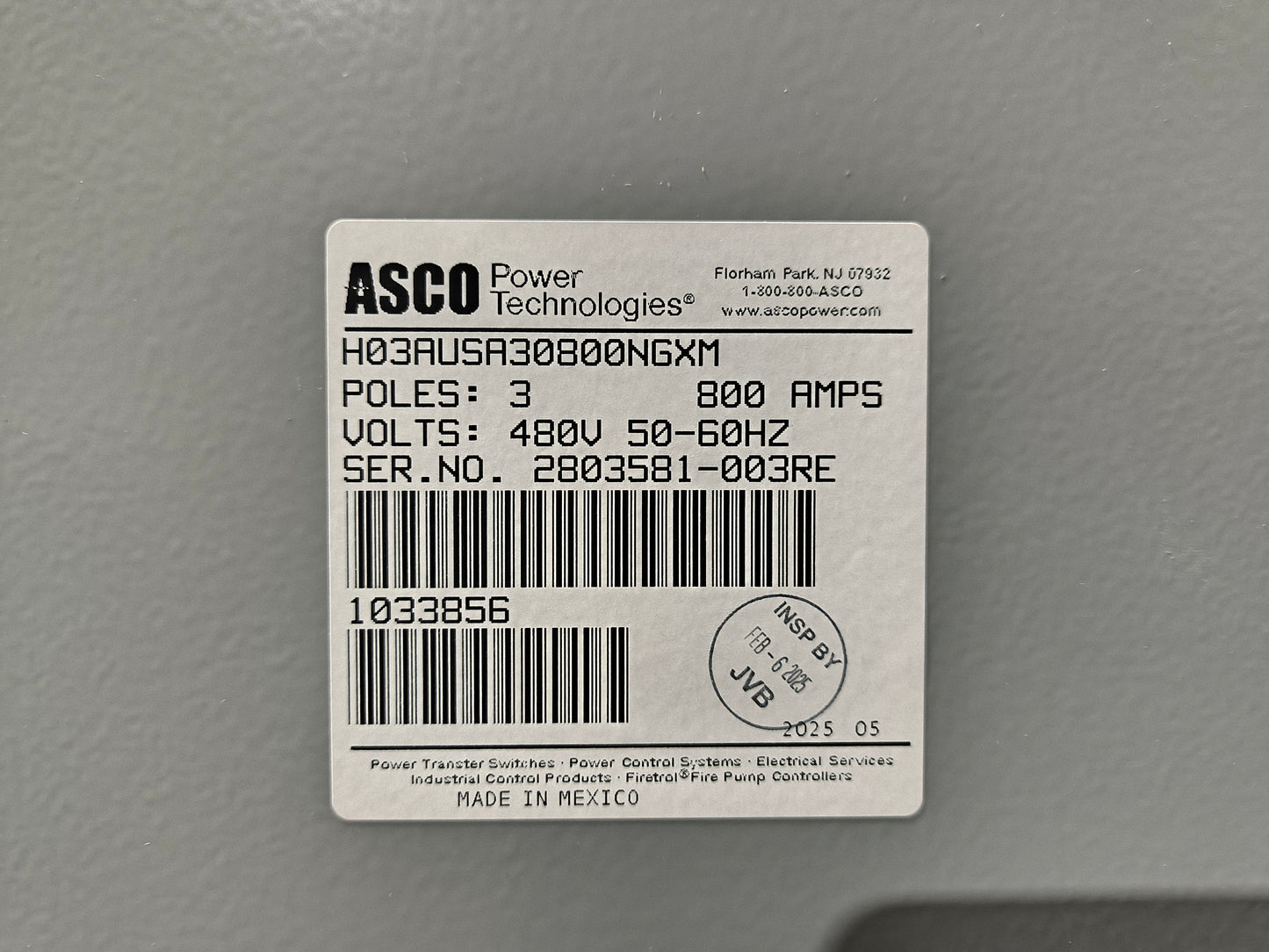 New 800 Amp ASCO Series 300 H03AUSA30800NGXM Automatic Transfer Switch