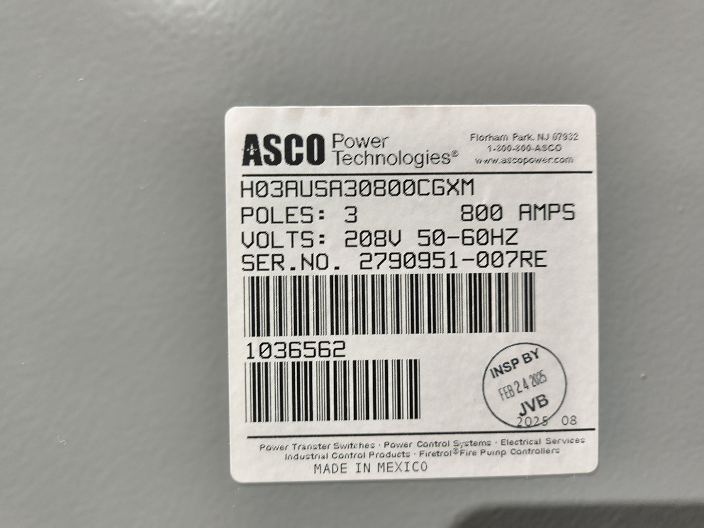 New 800 Amp ASCO Series 300 H03AUSA30800CGXM Automatic Transfer Switch