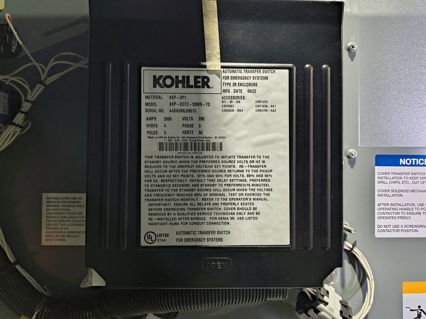 New 2000 Amp Kohler KEP-DCTC-2000S-TQ Automatic Transfer Switch (ATS00288PA-PHILA)
