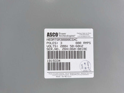 New 800 Amp ASCO Series 300 H03ATSA30800CGXC Automatic Transfer Switch