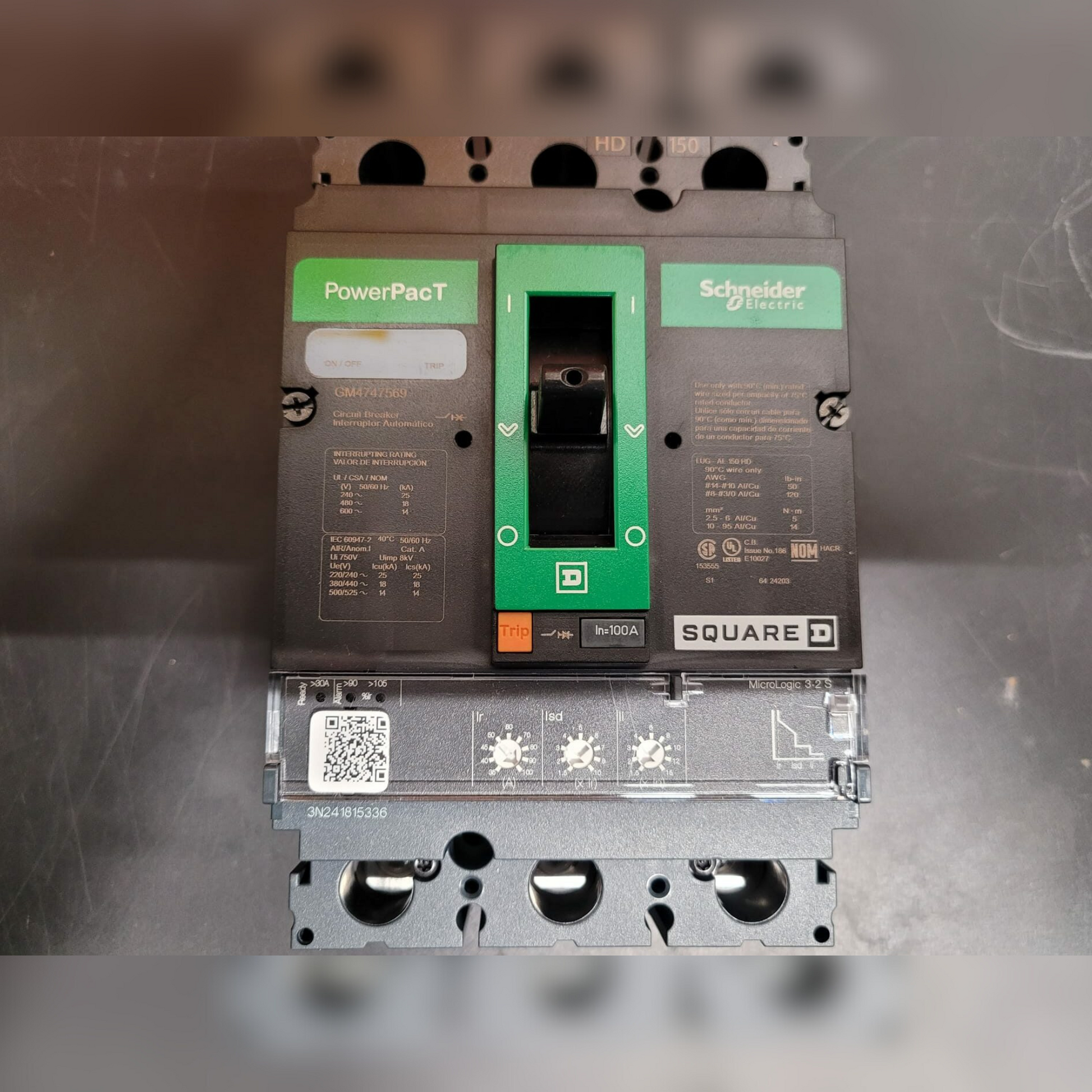 New 100 Amp Square D HDP36100CU33XTX Breaker LCB, 100A, HD, MICRO LSI, 100% Front View