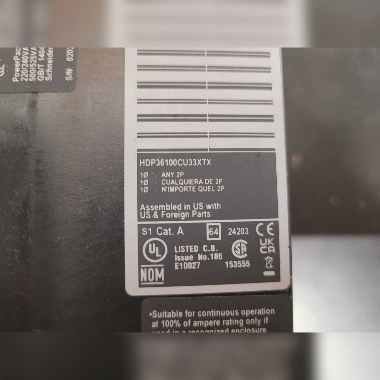 New 100 Amp Square D HDP36100CU33XTX Breaker LCB, 100A, HD, MICRO LSI, 100% Information Sticker