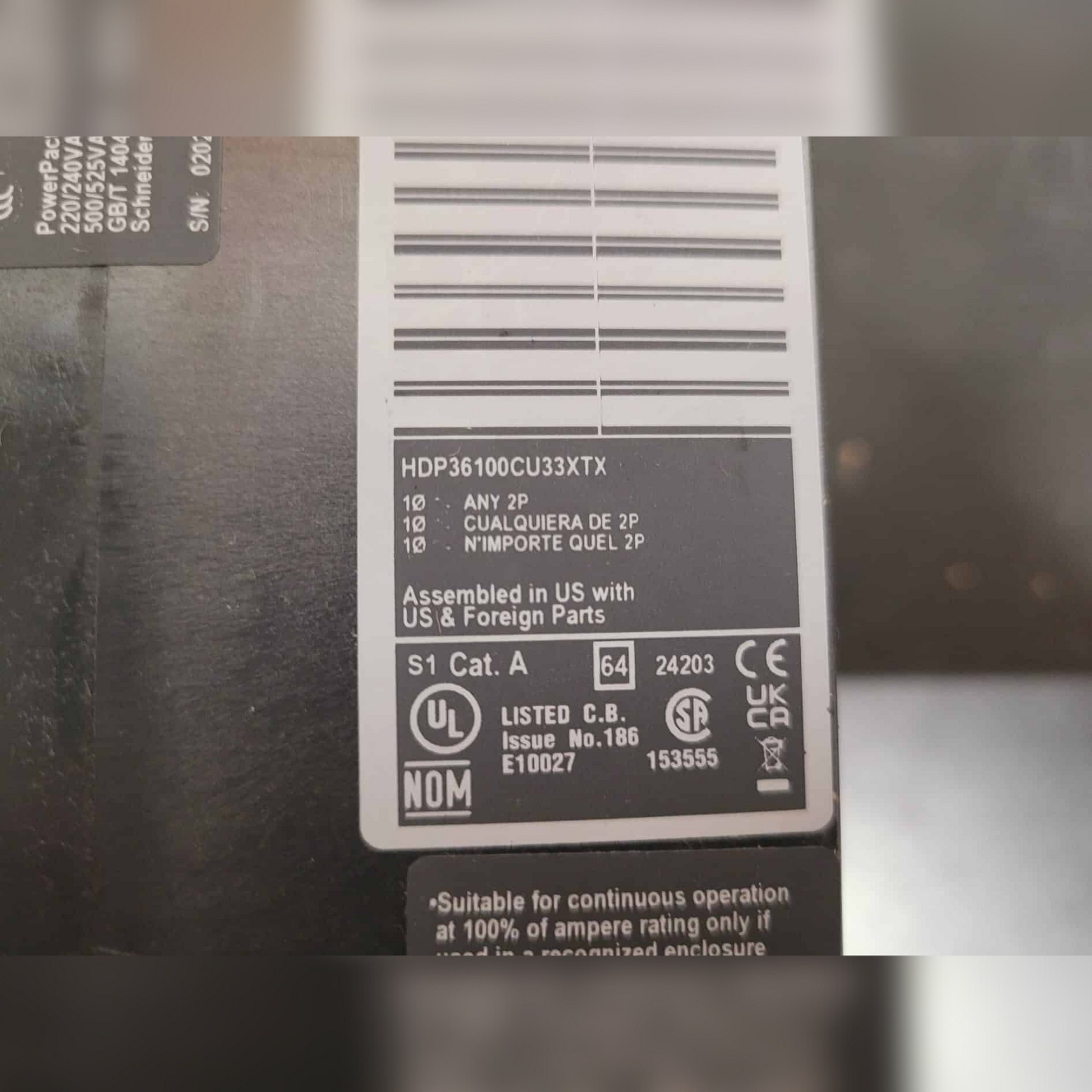 New 100 Amp Square D HDP36100CU33XTX Breaker LCB, 100A, HD, MICRO LSI, 100% Information Sticker