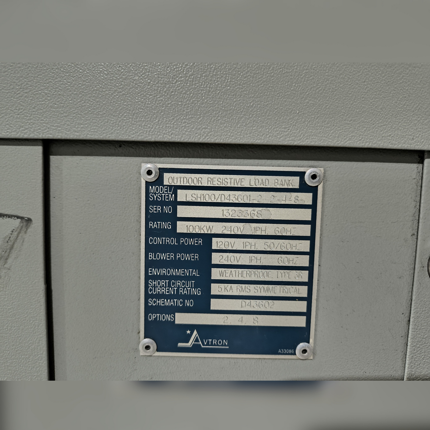 New 100 kW Avtron LSH100 Outdoor Resistive Load Bank Specifications
