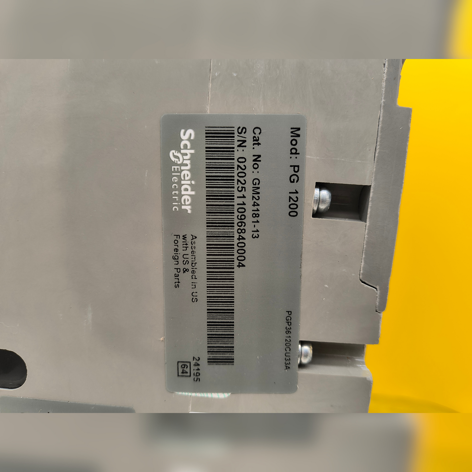 New 1200 Amp Square D PGP36120CU33A LSI Breaker sticker with serial number and cat number