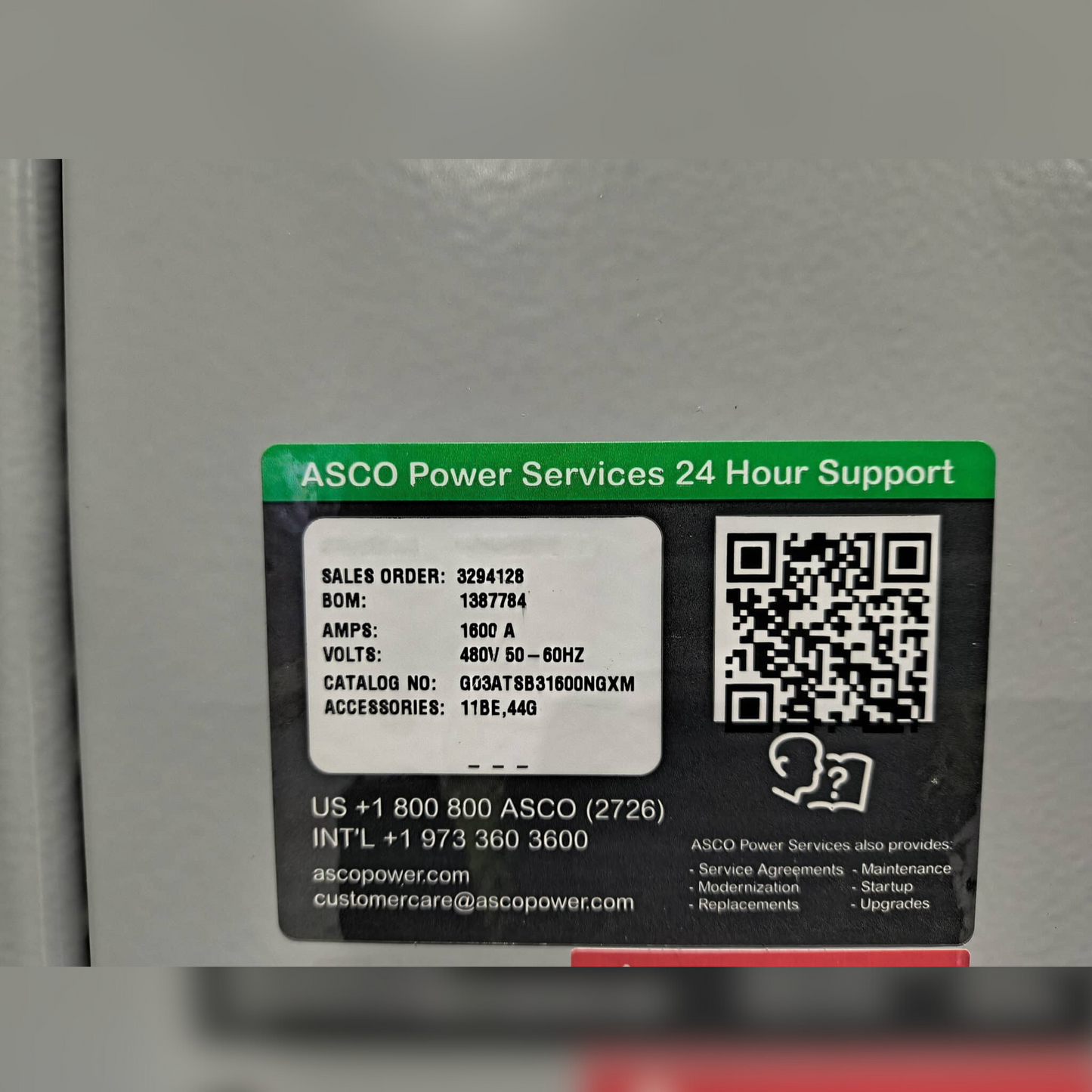 New 1600 Amp ASCO 300 Series G03ATSB31600NGXM Automatic Transfer Switch 24 Hour Support Sticker