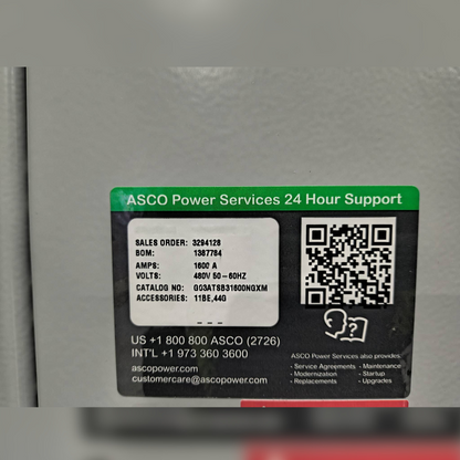 New 1600 Amp ASCO 300 Series G03ATSB31600NGXM Automatic Transfer Switch 24 Hour Support Sticker
