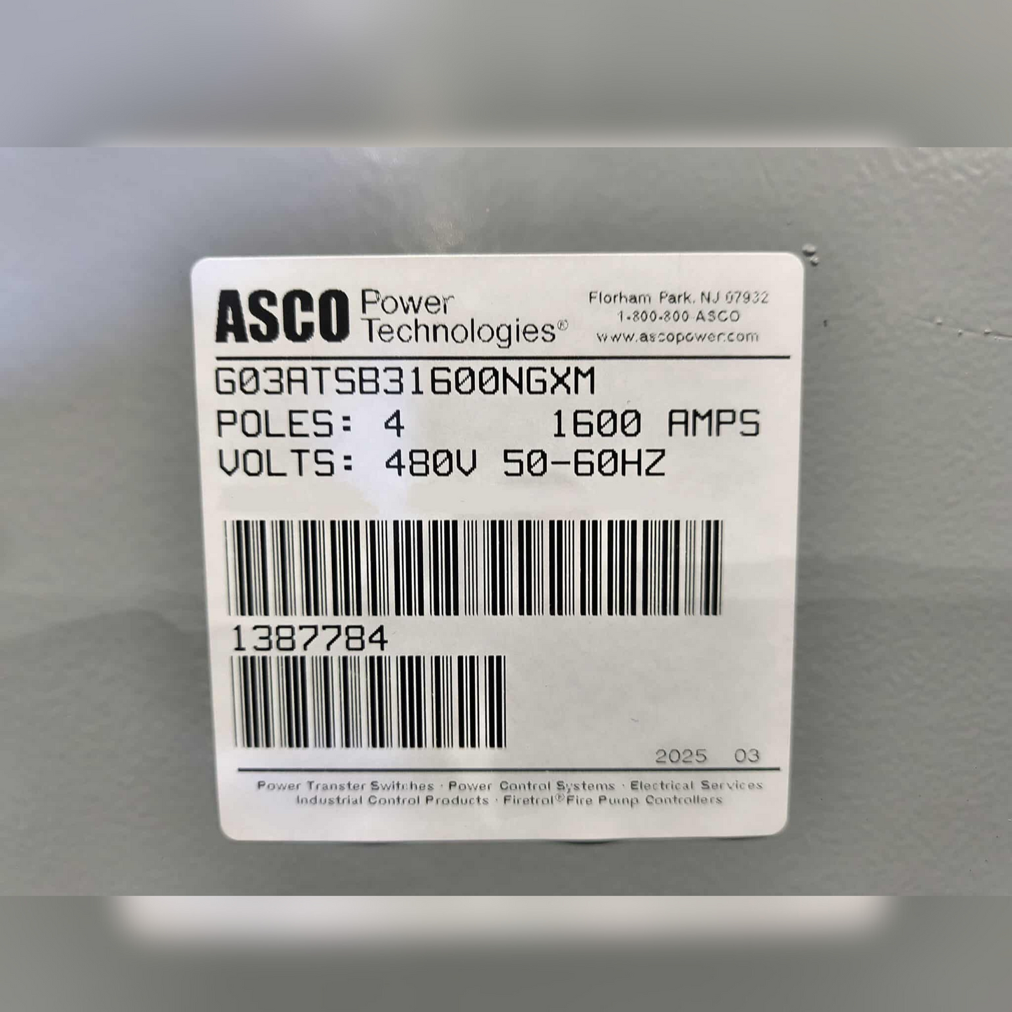 New 1600 Amp ASCO 300 Series G03ATSB31600NGXM Automatic Transfer Switch ASCO Sticker