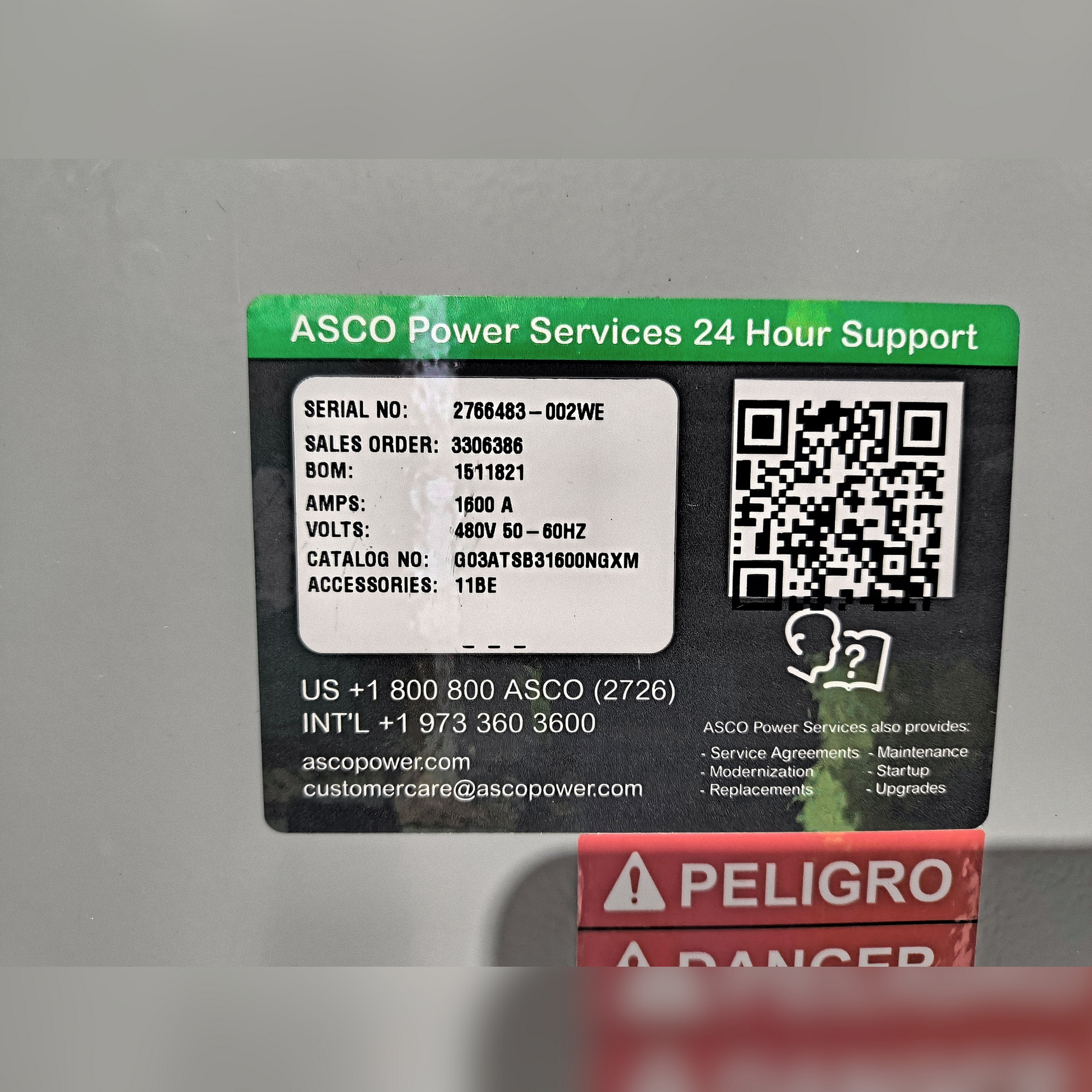 New 1600 Amp ASCO Series 300 G03ATSB31600NGXM Automatic Transfer Switch 24 Hour Support Sticker