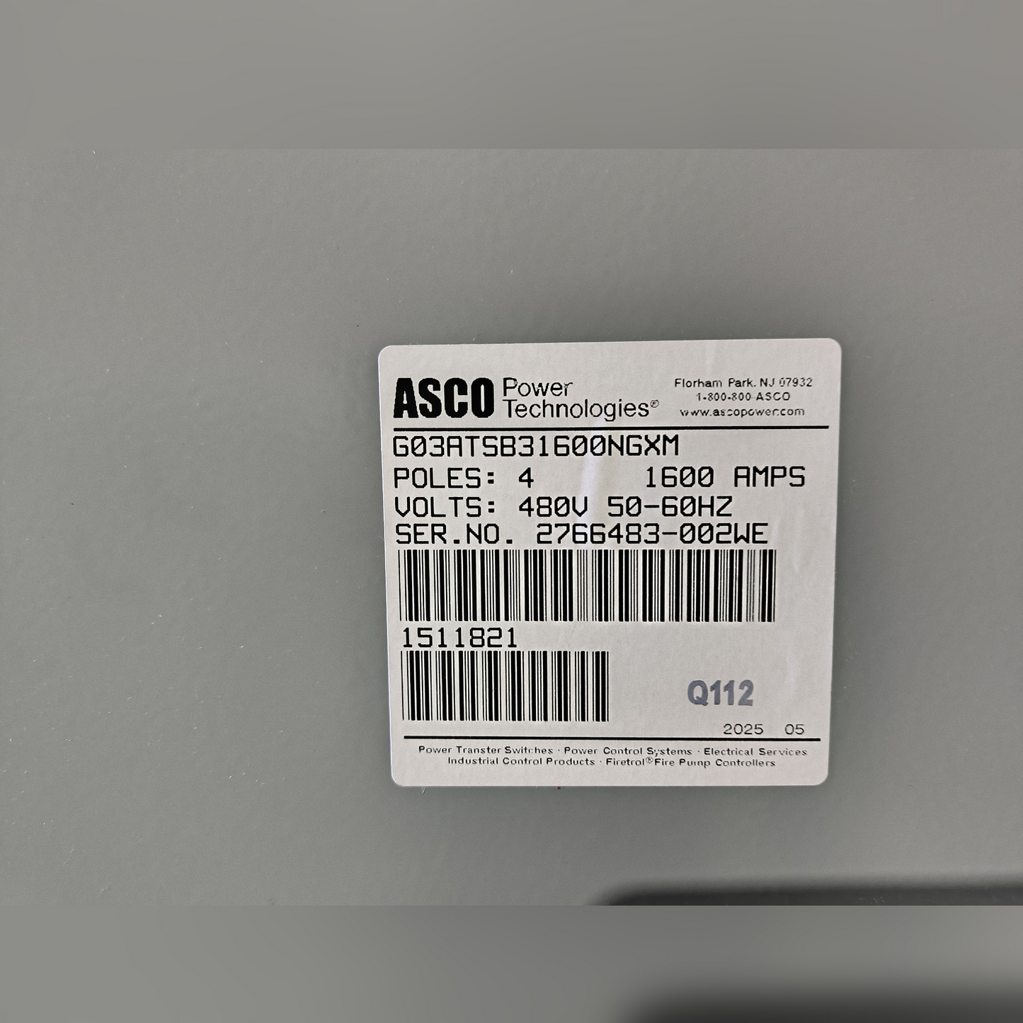 New 1600 Amp ASCO Series 300 G03ATSB31600NGXM Automatic Transfer Switch Sticker