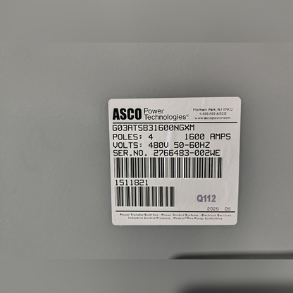 New 1600 Amp ASCO Series 300 G03ATSB31600NGXM Automatic Transfer Switch Sticker