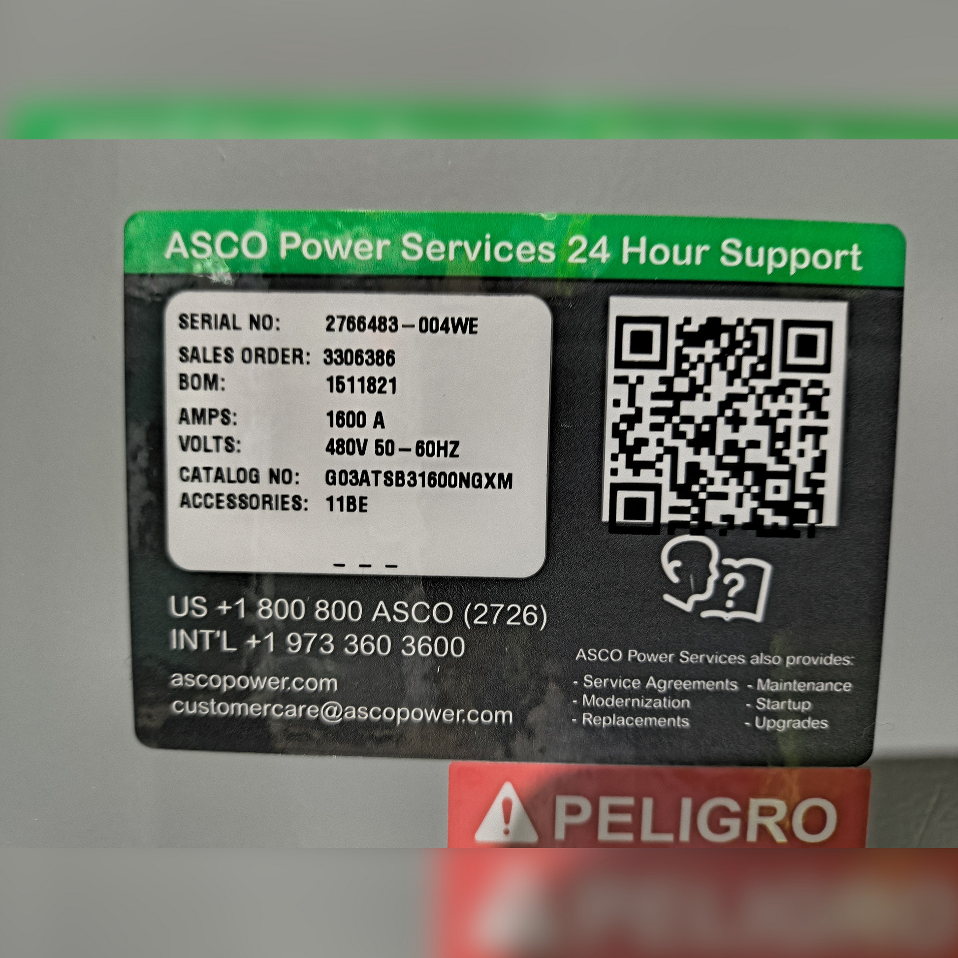 New 1600 Amp ASCO Series 300 G03ATSB31600NGXM Automatic Transfer Switch 24 Hour Support Sticker