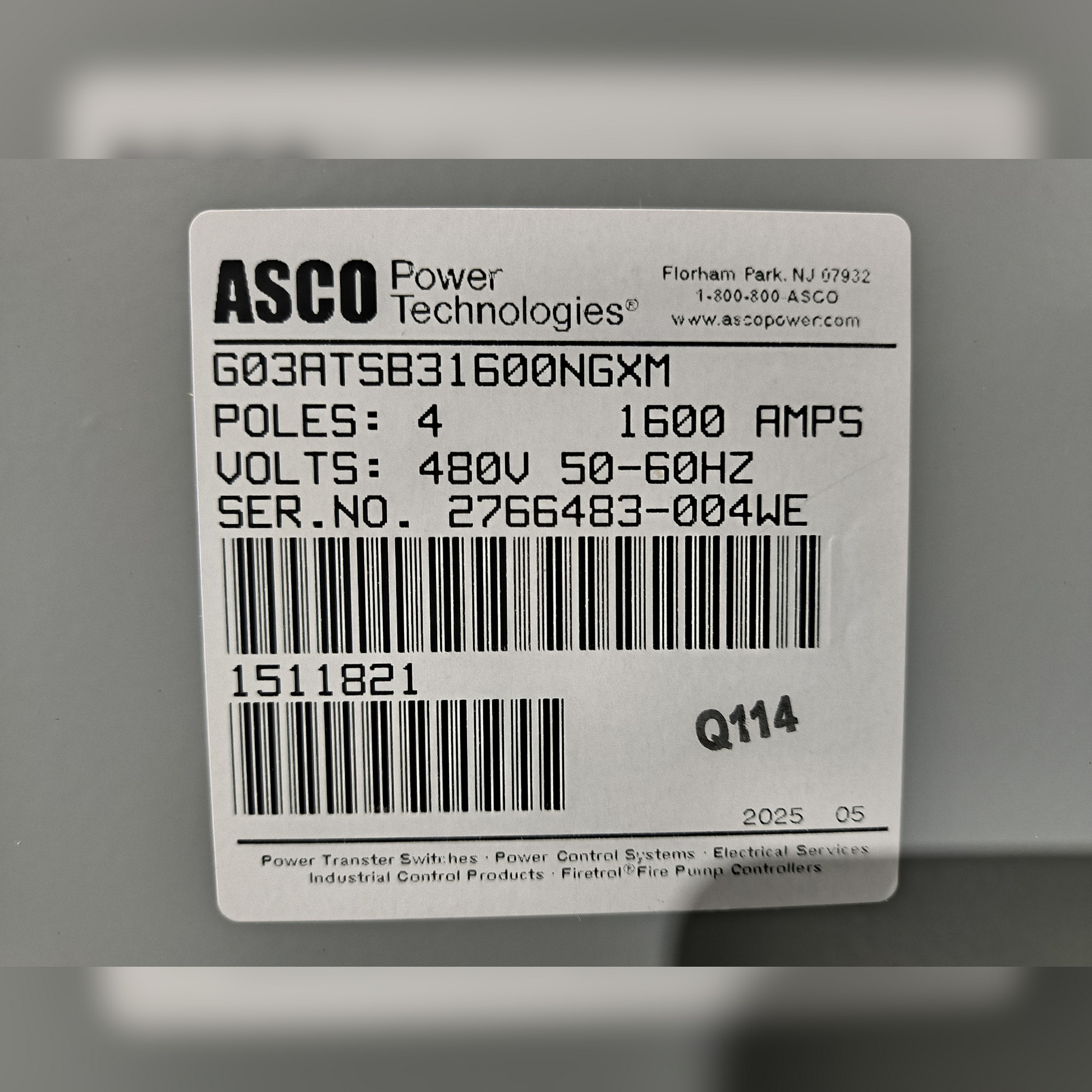 New 1600 Amp ASCO Series 300 G03ATSB31600NGXM Automatic Transfer Switch Sticker