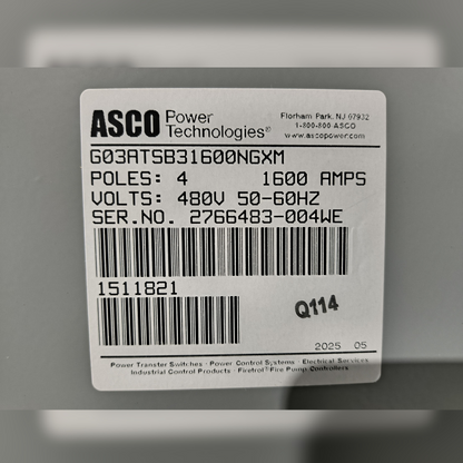 New 1600 Amp ASCO Series 300 G03ATSB31600NGXM Automatic Transfer Switch Sticker