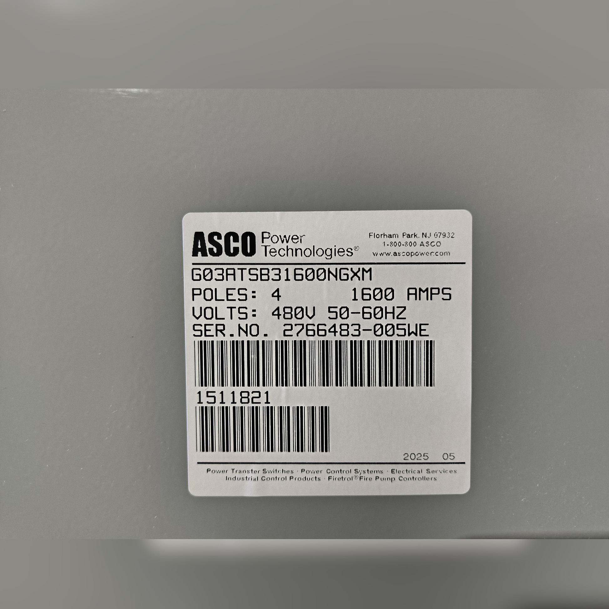 New 1600 Amp ASCO Series 300 G03ATSB31600NGXM Automatic Transfer Switch Sticker