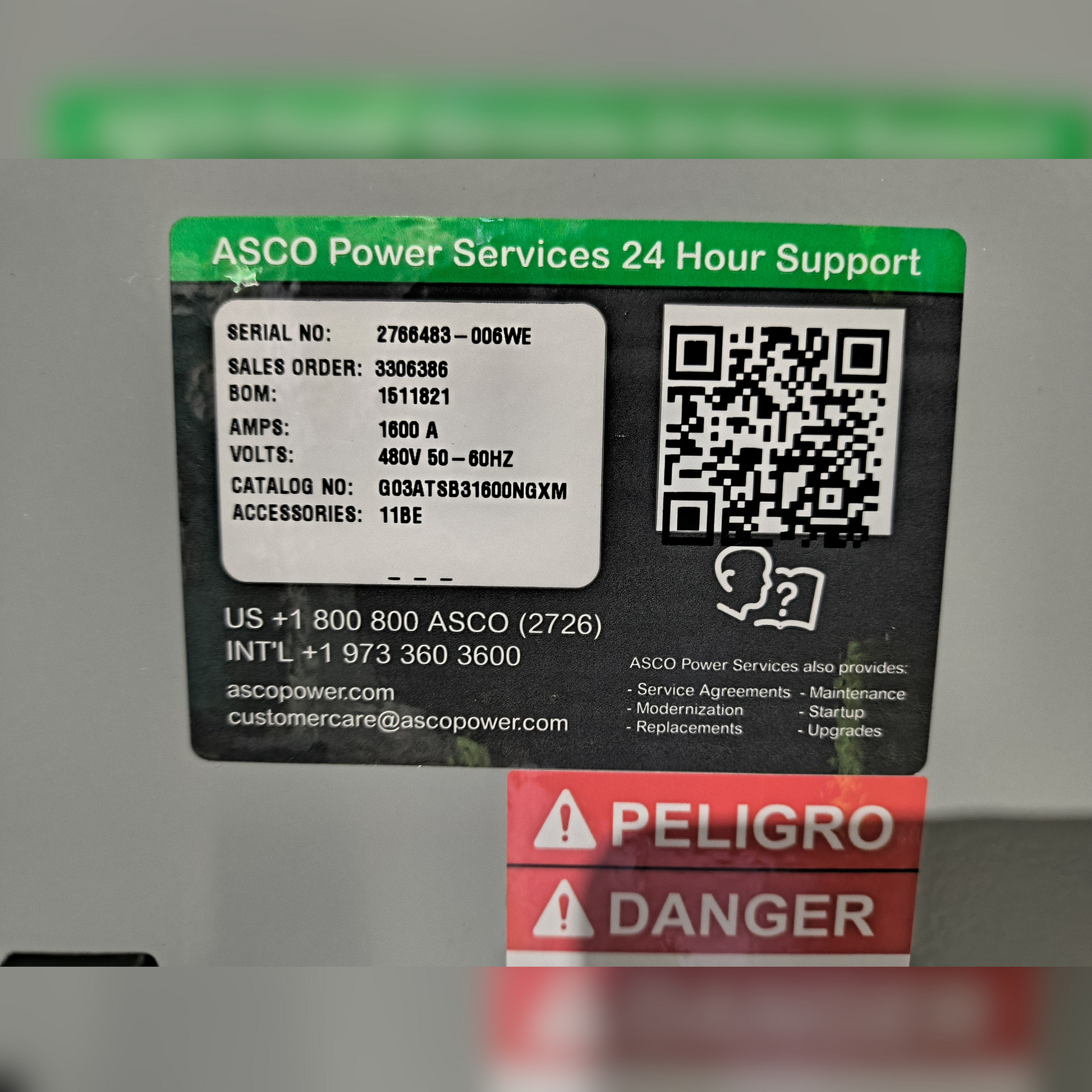 New 1600 Amp ASCO Series 300 G03ATSB31600NGXM Automatic Transfer Switch 24 Hour Support Sticker