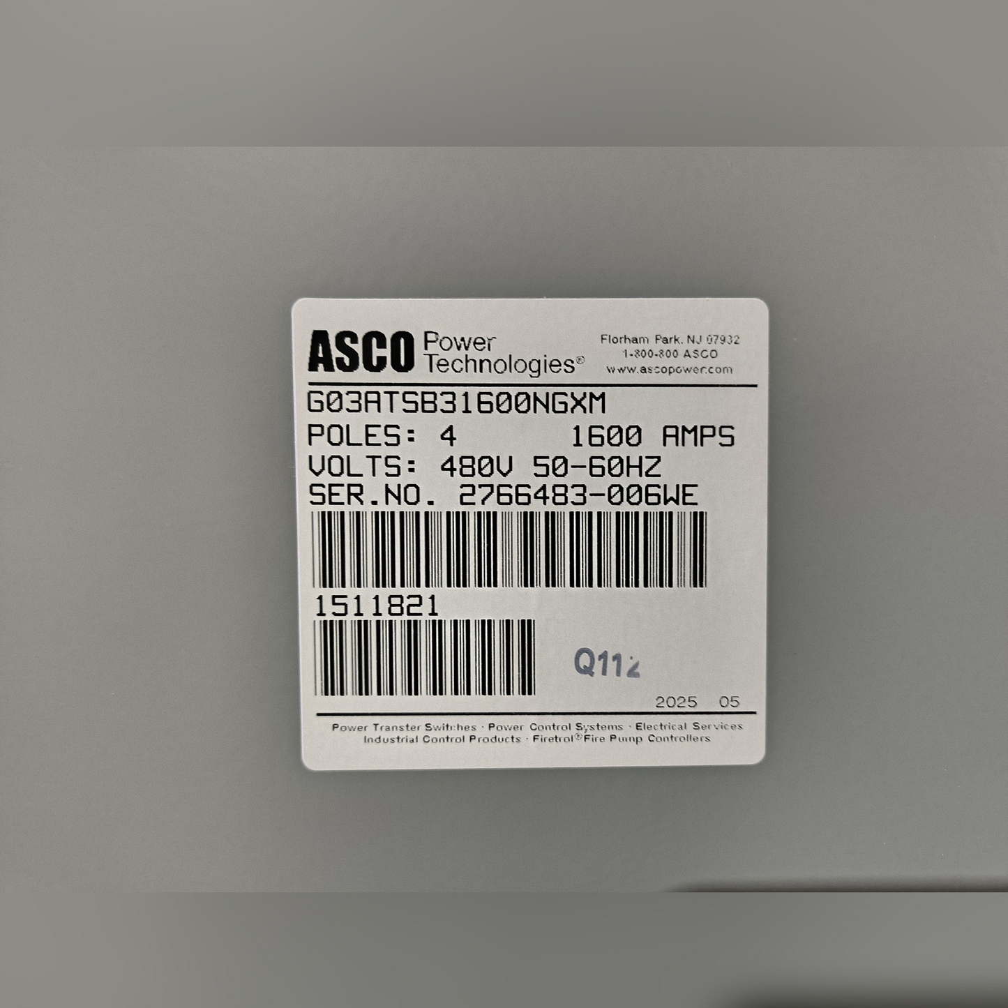 New 1600 Amp ASCO Series 300 G03ATSB31600NGXM Automatic Transfer Switch Sticker