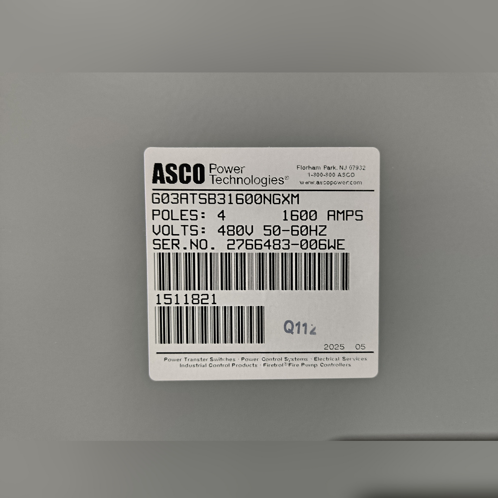 New 1600 Amp ASCO Series 300 G03ATSB31600NGXM Automatic Transfer Switch Sticker