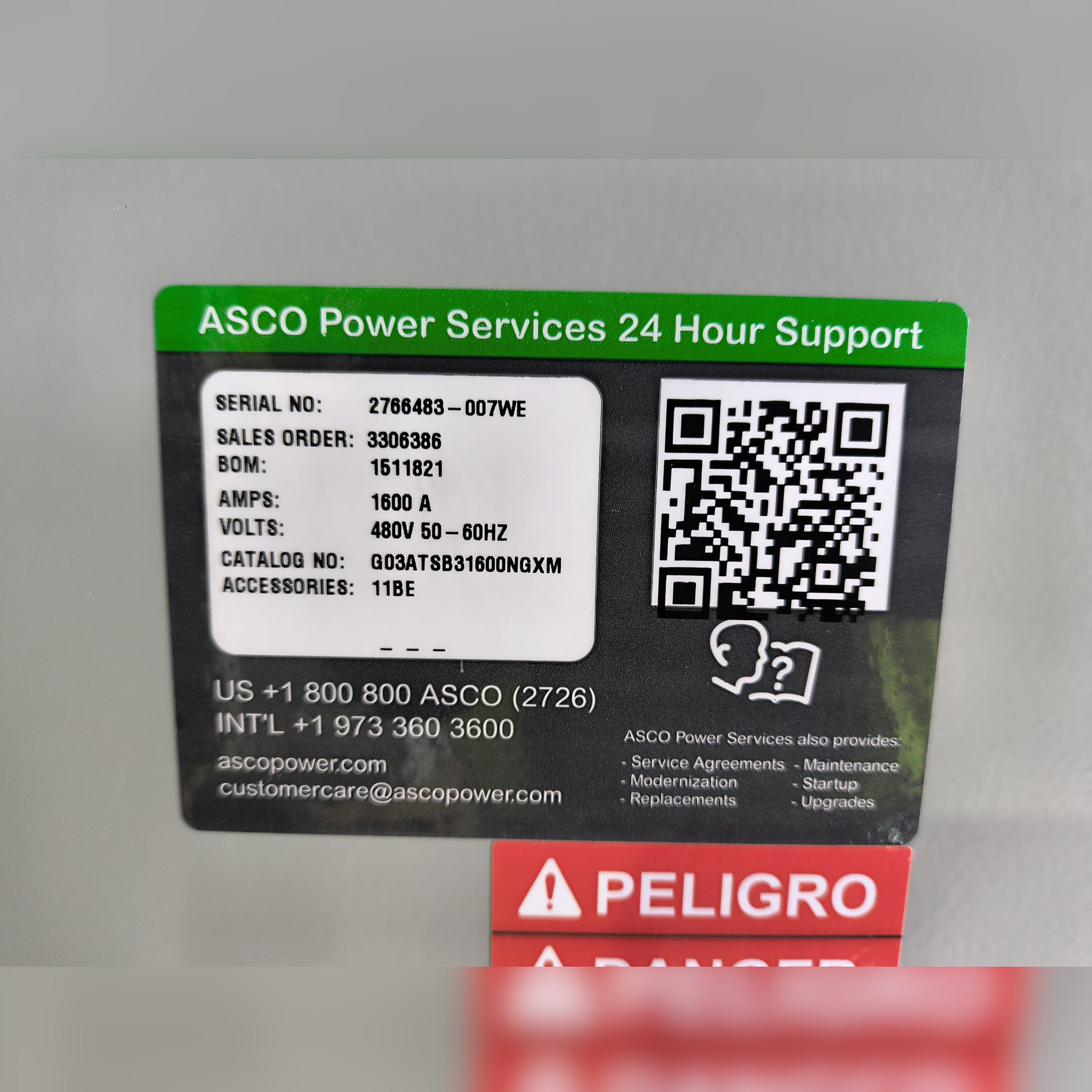 New 1600 Amp ASCO Series 300 G03ATSB31600NGXM Automatic Transfer Switch 24 Hour Support Sticker