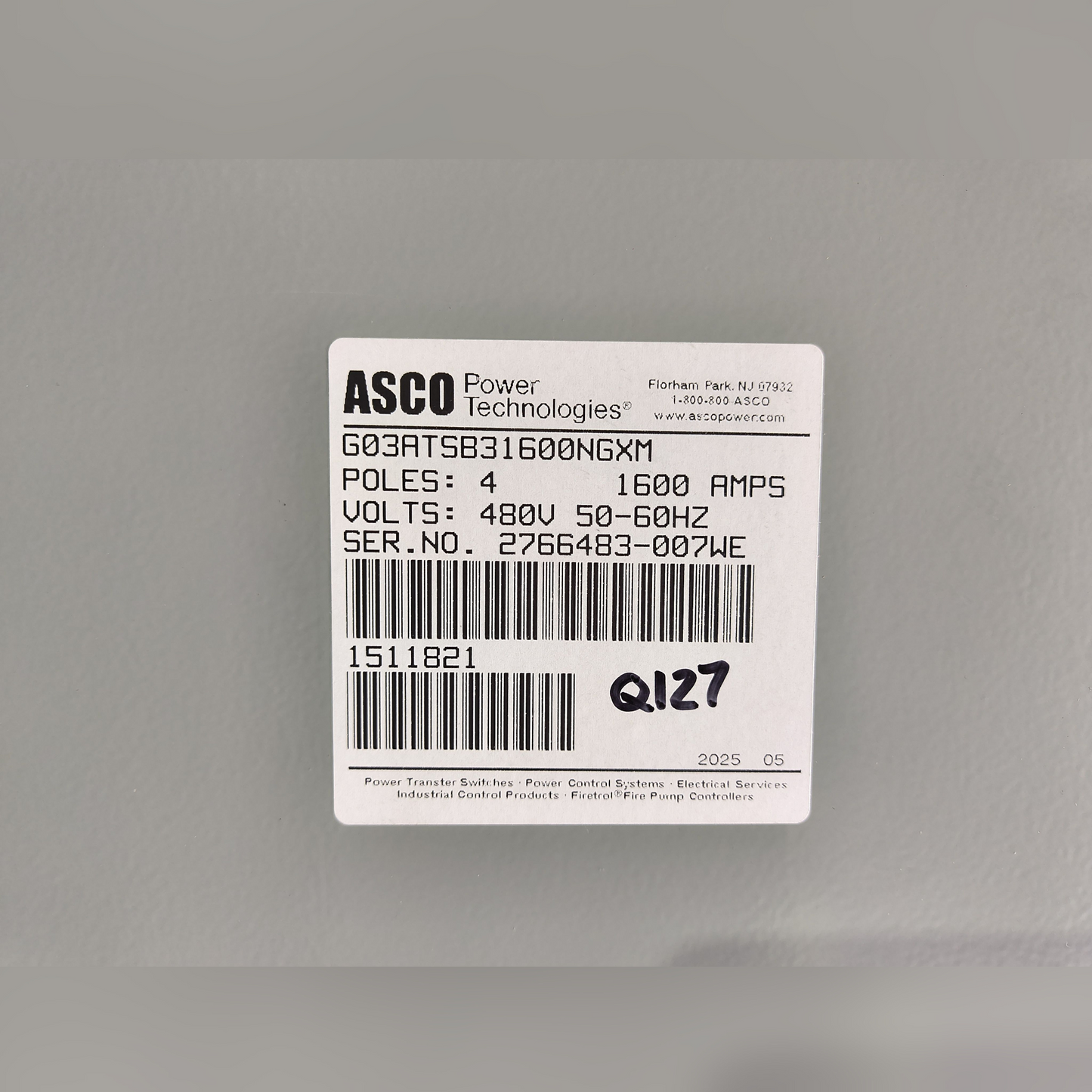 New 1600 Amp ASCO Series 300 G03ATSB31600NGXM Automatic Transfer Switch Sticker