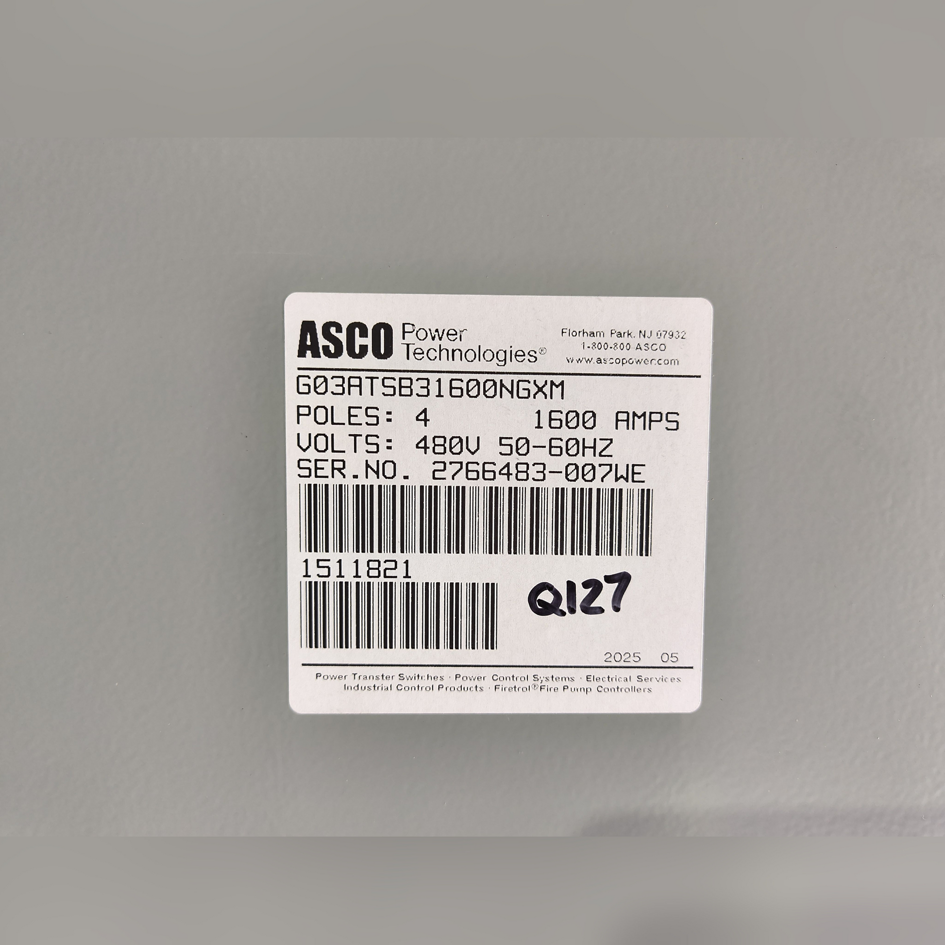 New 1600 Amp ASCO Series 300 G03ATSB31600NGXM Automatic Transfer Switch Sticker