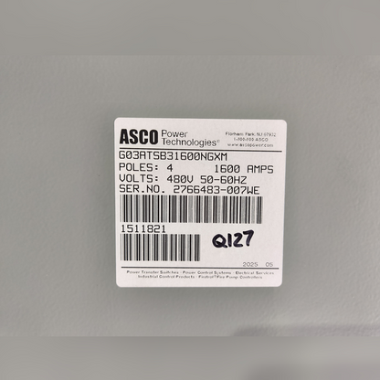 New 1600 Amp ASCO Series 300 G03ATSB31600NGXM Automatic Transfer Switch Sticker