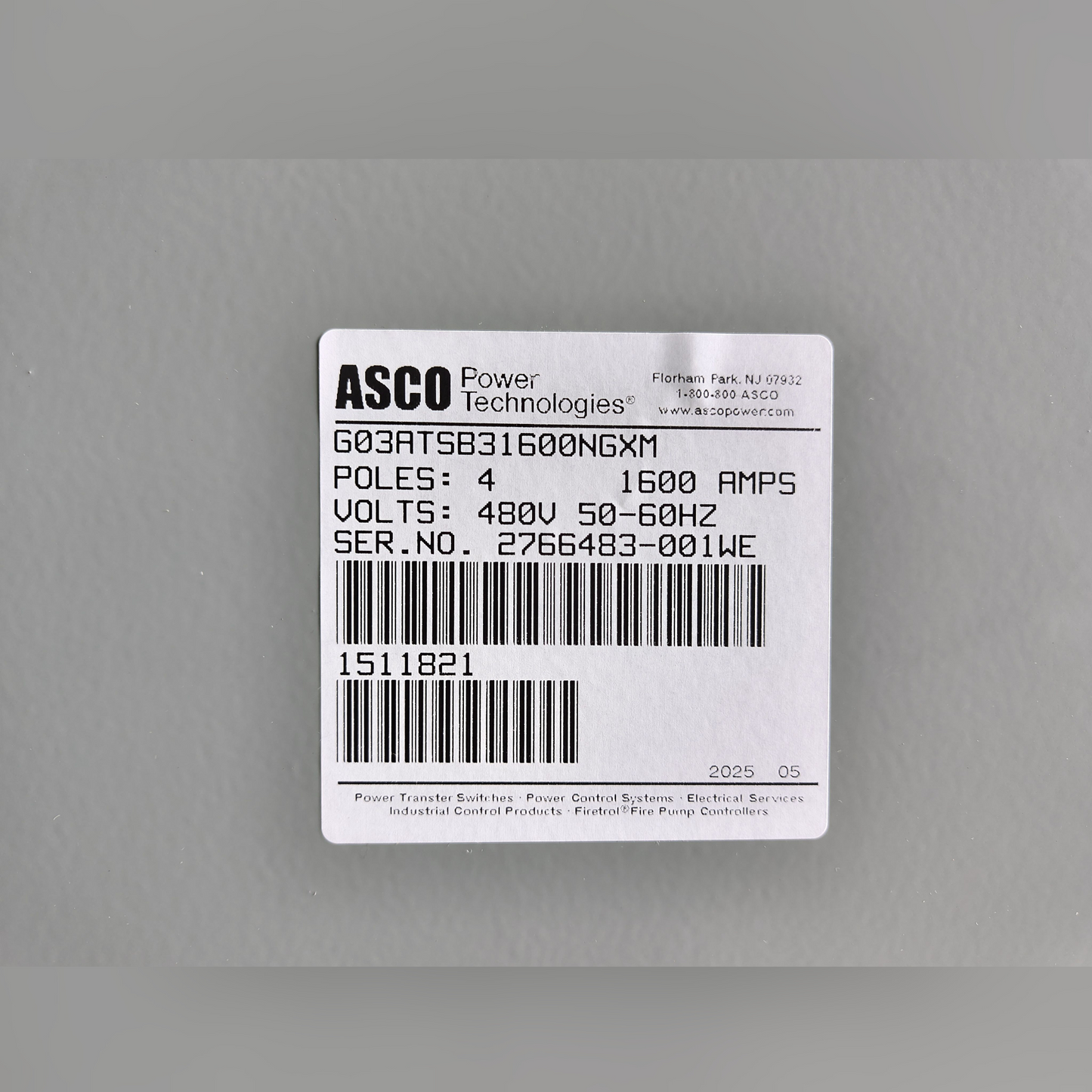 New 1600 Amp ASCO Series 300 G03ATSB31600NGXM Automatic Transfer Switch Sticker