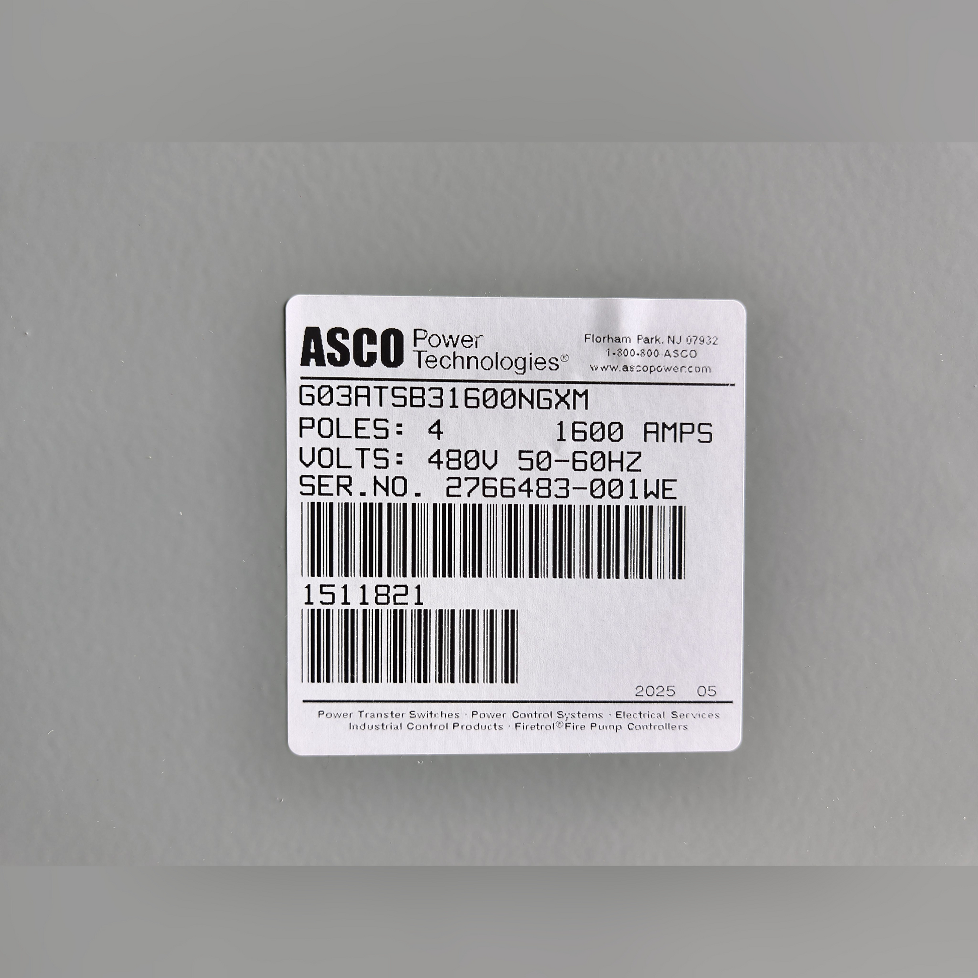 New 1600 Amp ASCO Series 300 G03ATSB31600NGXM Automatic Transfer Switch Sticker