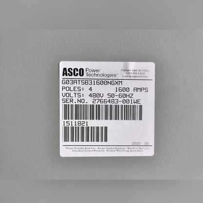 New 1600 Amp ASCO Series 300 G03ATSB31600NGXM Automatic Transfer Switch Sticker