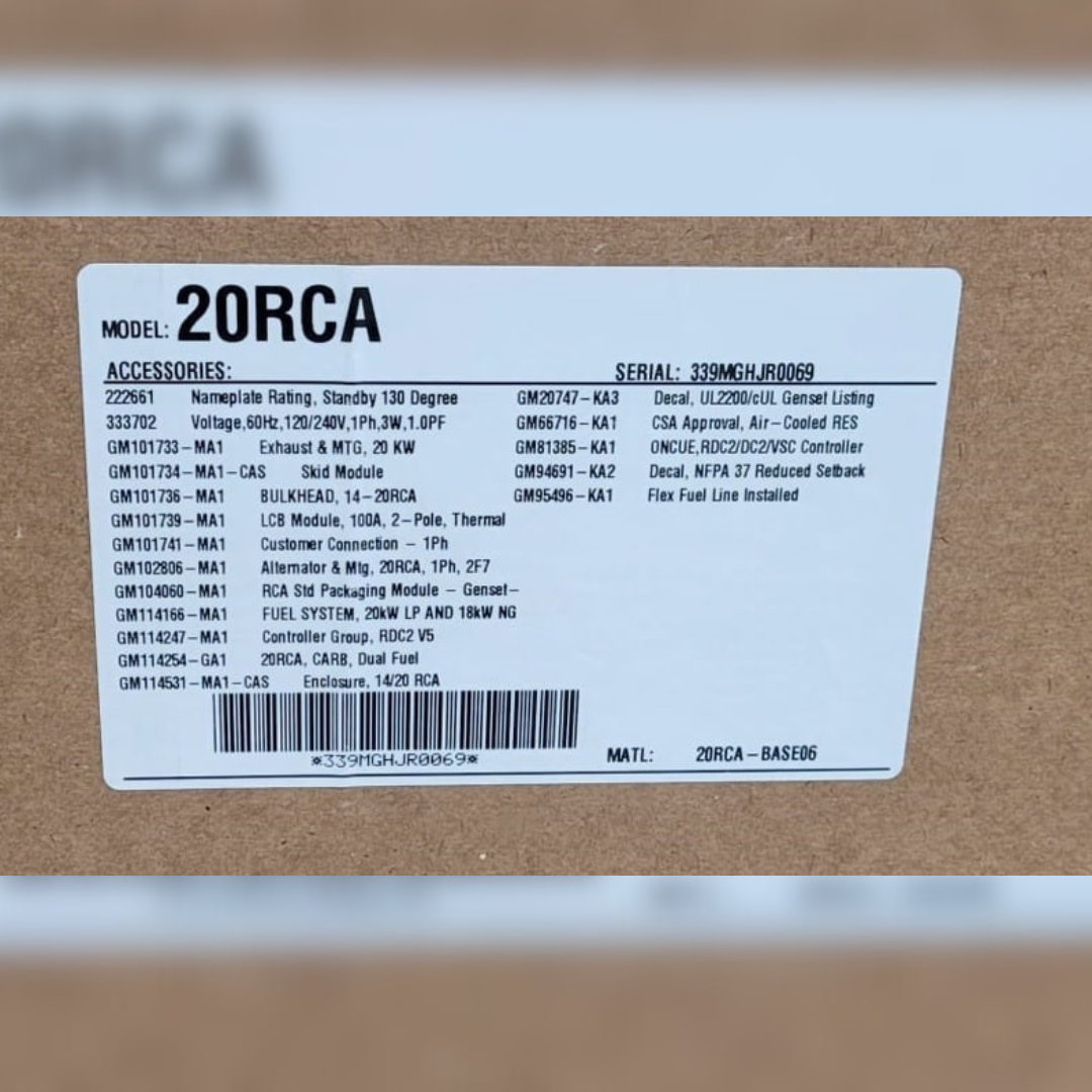 New 20 kW Kohler 20RCA Residential Natural Gas Generator sticker