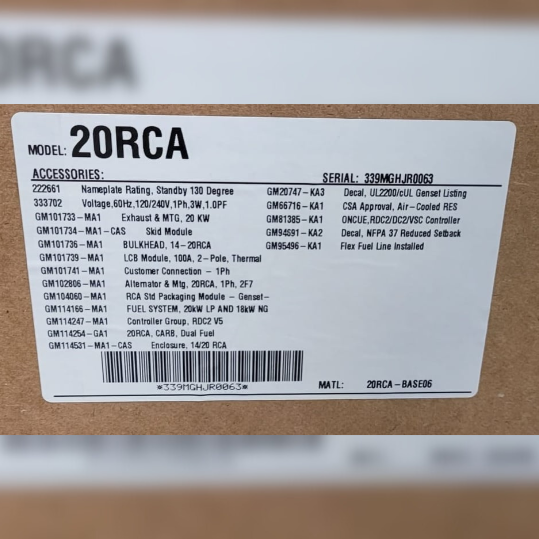New 20 kW Kohler 20RCA Residential Natural Gas Generator sticker