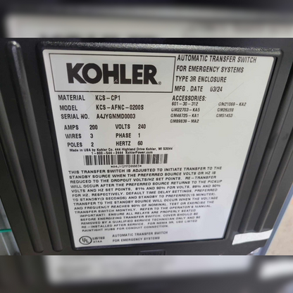 New 200 Amp Kohler KSS-AFNC-0200S Automatic Transfer Switch sticker