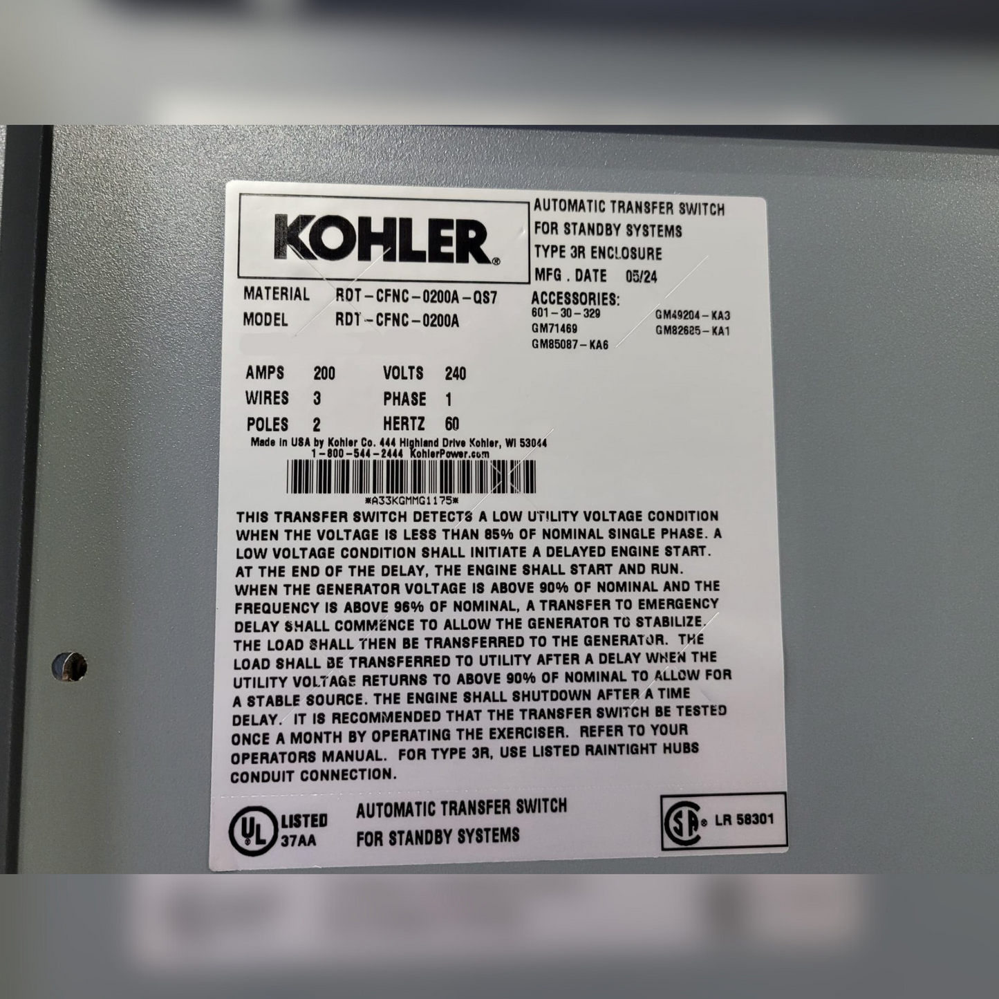 New 200 Amp Kohler RDT Automatic Transfer Switch Sticker