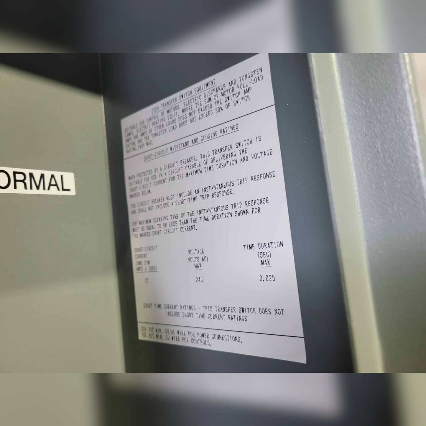 New 200 Amp Kohler RDT Automatic Transfer Switch Information Sticker