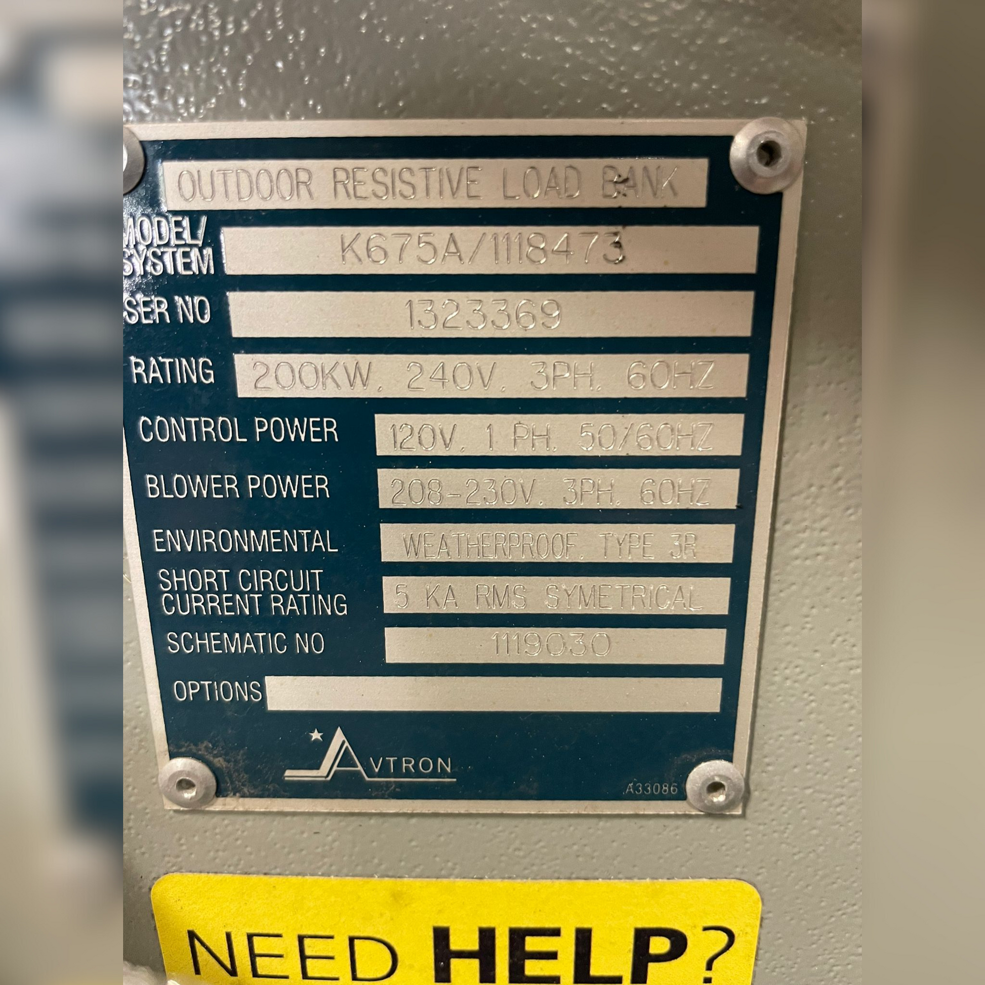 New 200 kW Avtron K675A Resistive Load Bank Information