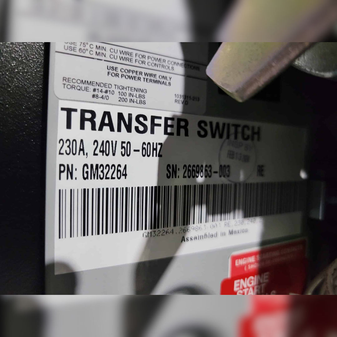 New 230 Amp Kohler KCS-AFNC-0230S Automatic Transfer Switch sticker