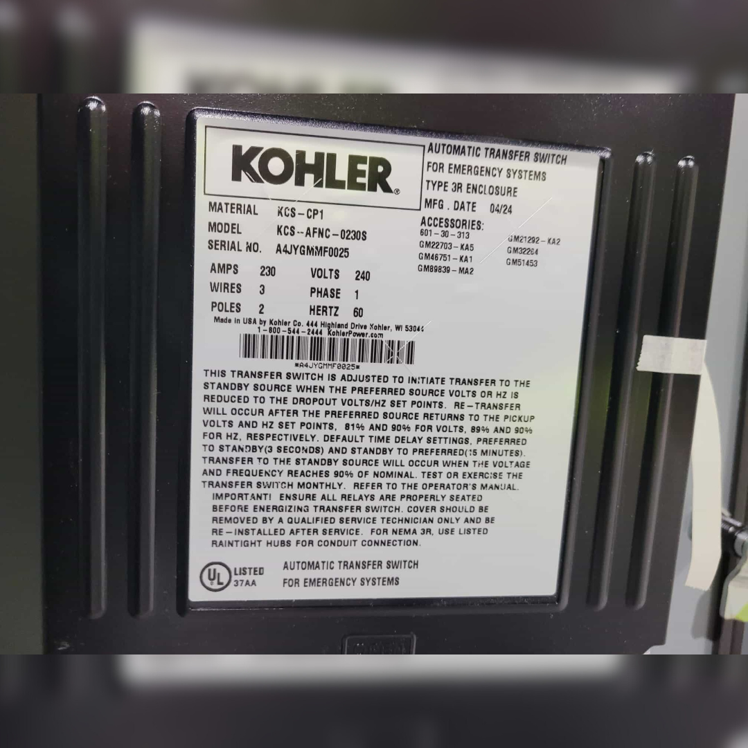 New 230 Amp Kohler KCS-AFNC-0230S Automatic Transfer Switch sticker